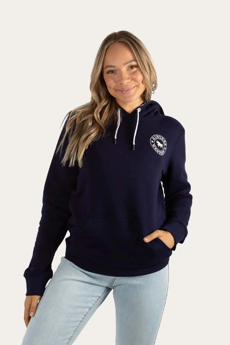 Signature Bull Womens Pullover Hoodie - Navy/White Saggy Sleeve Comfort