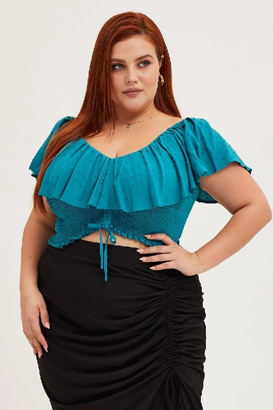 Green Crop Top Forest Short Sleeve Frill Front Pockets Side Pockets Patch Pockets