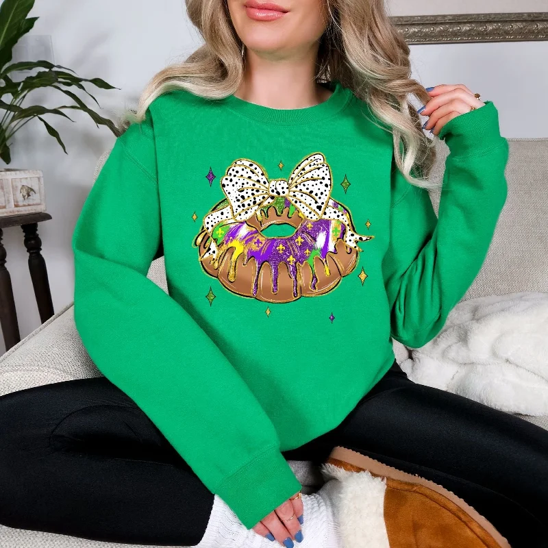 Hazel Blues® |  King Cake Bow Graphic Sweatshirt Hoodie with Button Classic Timeless