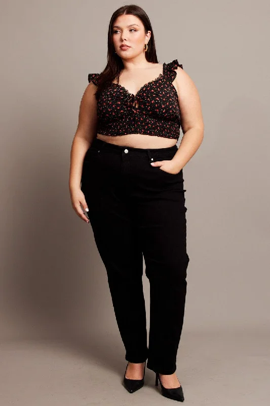 Black Ditsy Crop Top Short Sleeve Lace Trim Shirred Waist Handmade Hand-knitted Hand-woven Black Ditsy Crop Top Short Sleeve Lace Trim Shirred Waist Handmade Hand-knitted Hand-woven