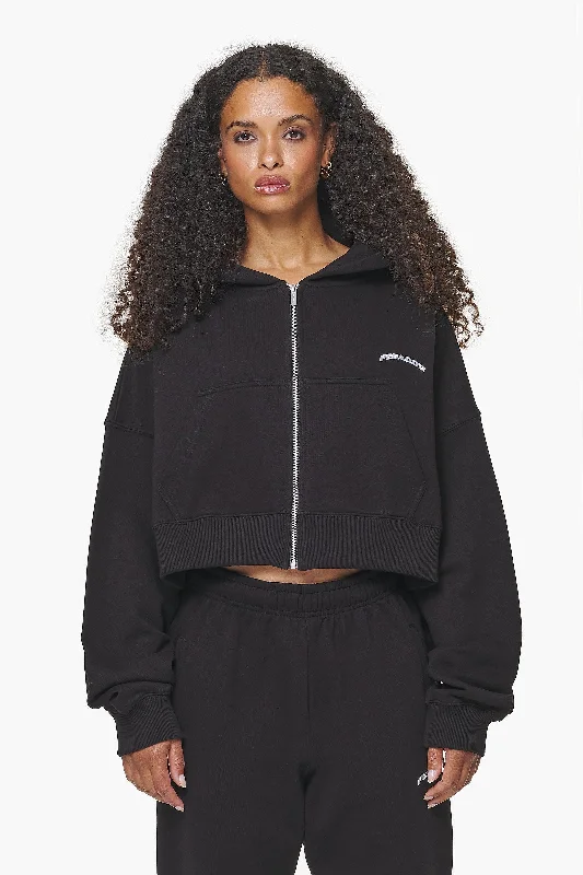 Dorset Cropped Zip Hoodie Black Hoodie with Hem Raw Edge Edgy Unfinished