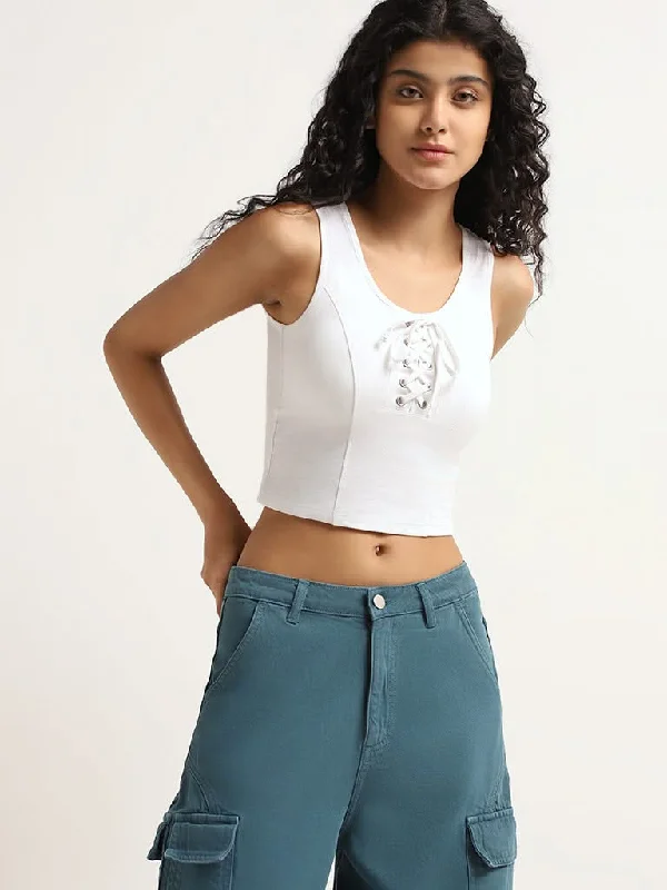 Nuon White Cotton Blend Lace-Up Crop Top Elasticated Padded Insulated