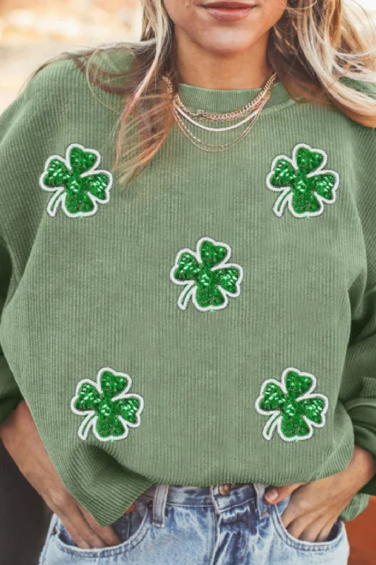 Hazel Blues® | Sequin Lucky Clover Round Neck Long Sleeve Sweatshirt Hoodie with Longline Fit Extended Stylish Hazel Blues® | Sequin Lucky Clover Round Neck Long Sleeve Sweatshirt Hoodie with Longline Fit Extended Stylish