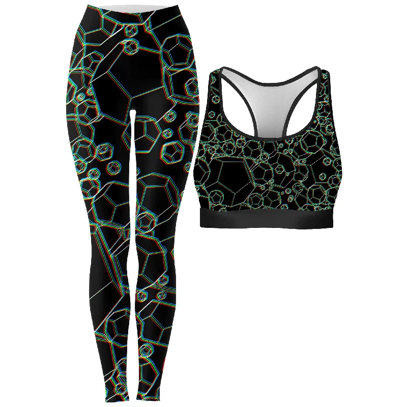 Dodecahedron Madness Glitch Rave Bra and Leggings Combo Trendy Ombre Effect Leggings