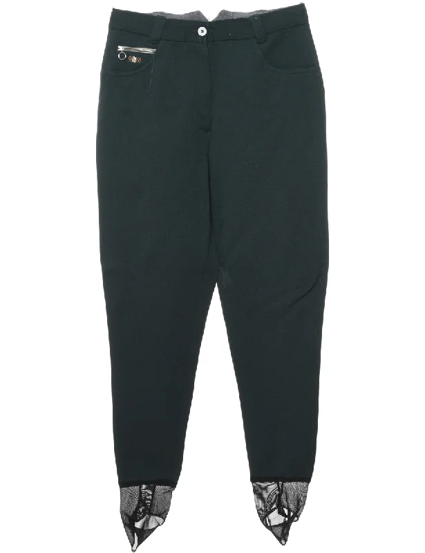 Dark Green Floral Embroidered Stirrup Trousers - W30 L30 Trousers Mesh Breathable