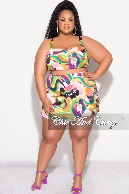 Final Sale Plus Size 2pc Strapless Crop Top and Skort Set in Multi Color Print Nylon Fabric Polyester Fabric Spandex Fabric Final Sale Plus Size 2pc Strapless Crop Top and Skort Set in Multi Color Print Nylon Fabric Polyester Fabric Spandex Fabric