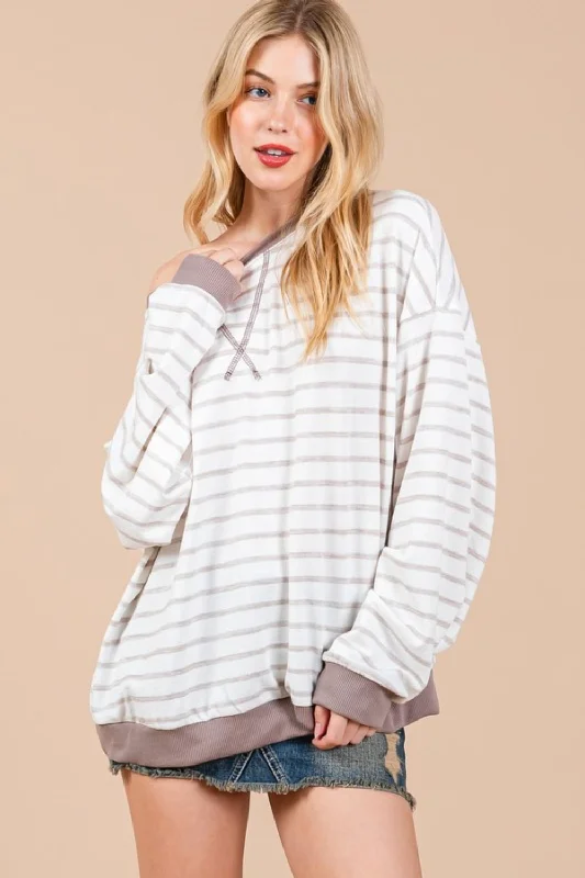 Hazel Blues® | Ces Femme Striped Round Neck Drop Shoulder Sweatshirt Hoodie with Lace Feminine Delicate Hazel Blues® | Ces Femme Striped Round Neck Drop Shoulder Sweatshirt Hoodie with Lace Feminine Delicate