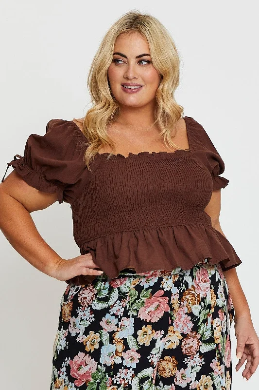 Brown Crop Top Short Sleeve Tie Front Solid Print Embellished