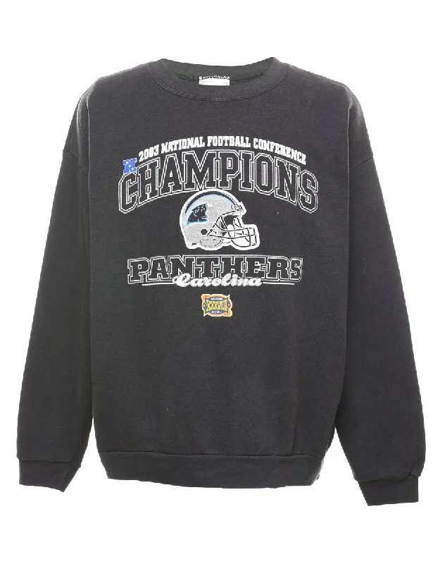 Black NFL Champions Panthers Printed Sweatshirt - XL Hoodie with Frayed Bohemian Relaxed Black NFL Champions Panthers Printed Sweatshirt - XL Hoodie with Frayed Bohemian Relaxed