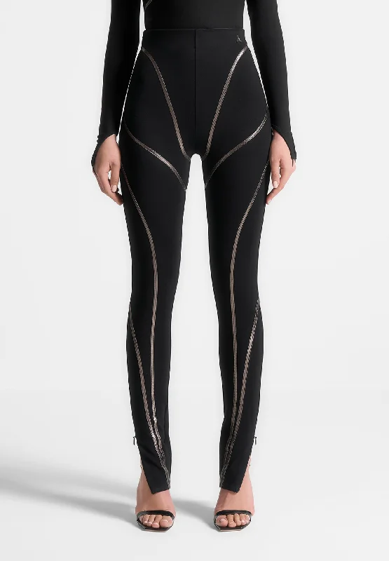 Chrome Piped Contour Leggings - Black Fashionable Embroidered Detail Leggings