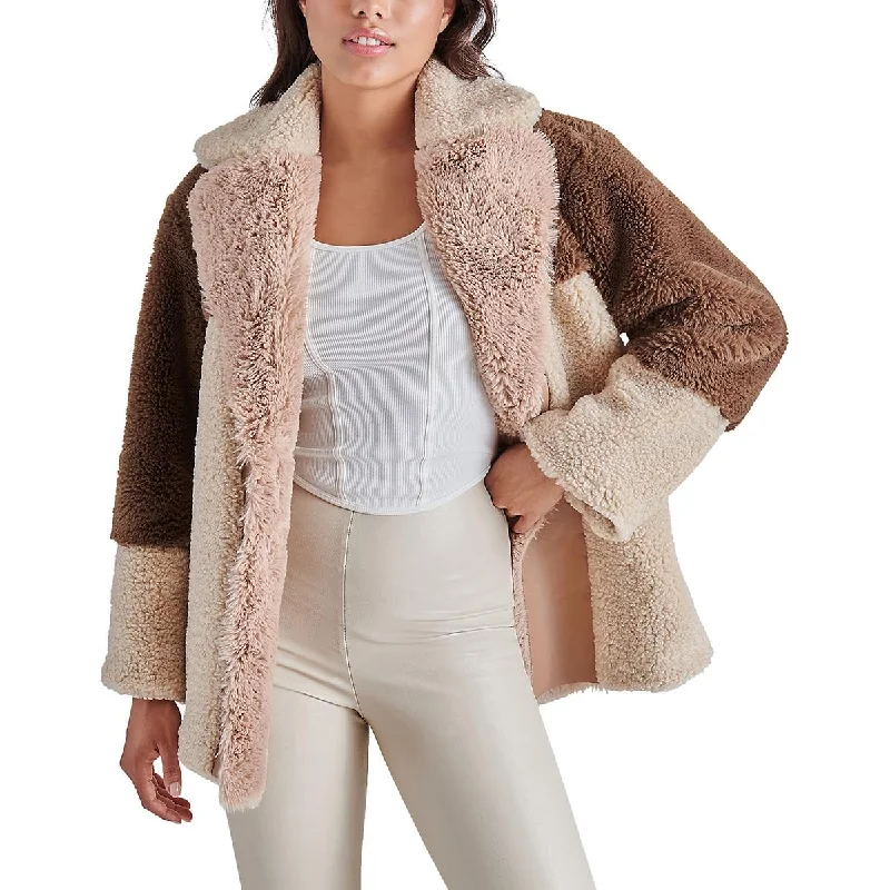 Steve Madden Womens Willow Coat Faux Leather Pocket Faux Fur Coat Herringbone Houndstooth Plaid