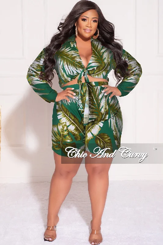 Final Sale Plus Size 2pc Crop Top & Bermuda Short Set in Green & Olive Palm Print Front Pockets Side Pockets Patch Pockets Final Sale Plus Size 2pc Crop Top & Bermuda Short Set in Green & Olive Palm Print Front Pockets Side Pockets Patch Pockets