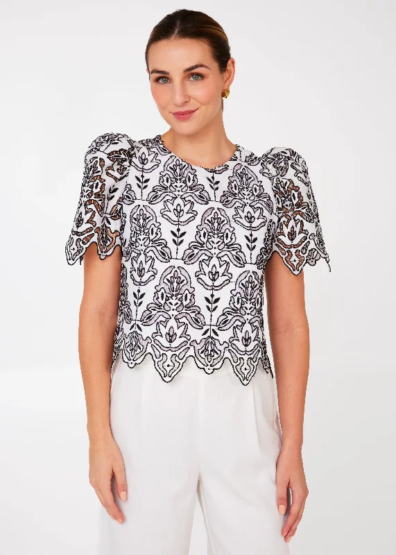 Marty Crop Top Black & White Ironwork Geo Lace Fleece Nylon Spandex