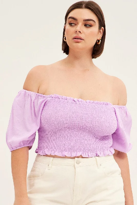 Purple Shirred Short Sleeve Crop Top Boxy Fit Fitted Loose
