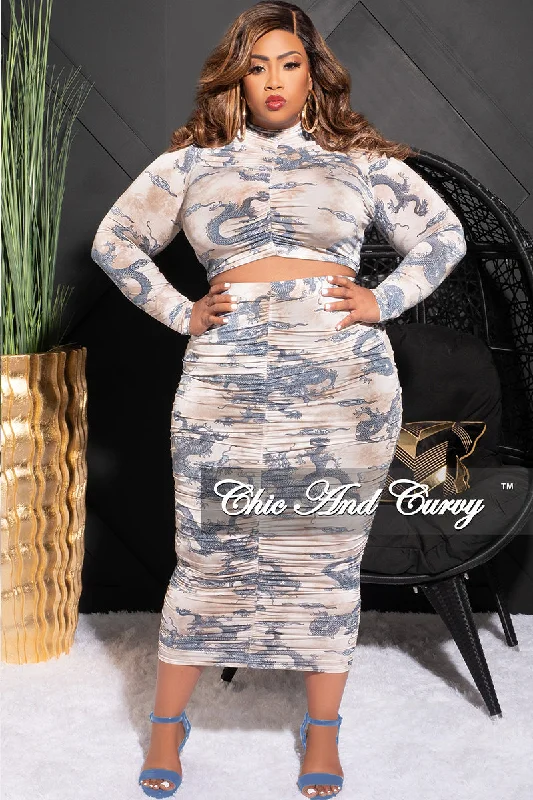 Final Sale Plus Size 2pc Set Ruched Long Sleeve Crop Top & Skirt in Tan and Blue Dragon Print Fashionable Trendy Casual Final Sale Plus Size 2pc Set Ruched Long Sleeve Crop Top & Skirt in Tan and Blue Dragon Print Fashionable Trendy Casual