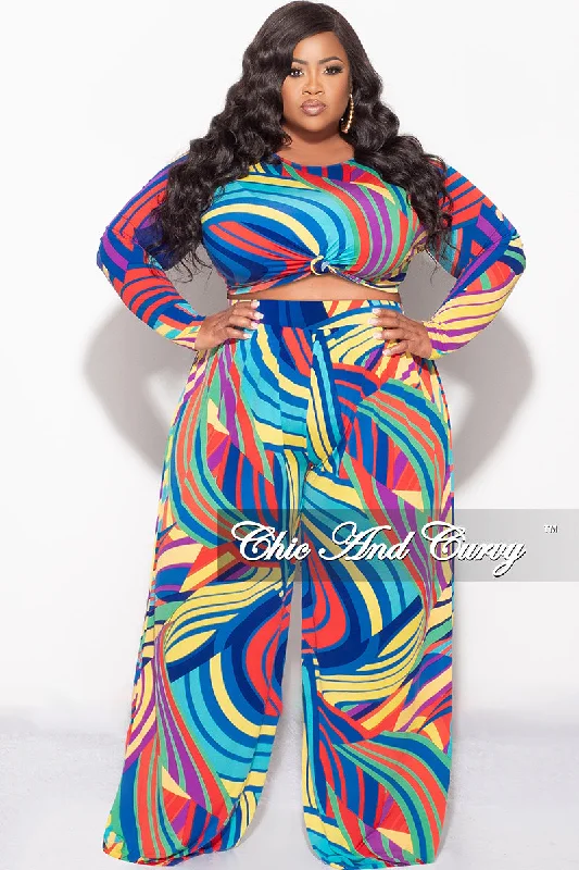 Final Sale Plus Size 2pc Crop Top and Palazzo Pants Set in Multi Color Print Fleece Nylon Spandex Final Sale Plus Size 2pc Crop Top and Palazzo Pants Set in Multi Color Print Fleece Nylon Spandex