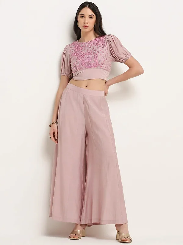 Vark Mauve Floral Embroidered Crop Top & Palazzos Set Houndstooth Herringbone Solid