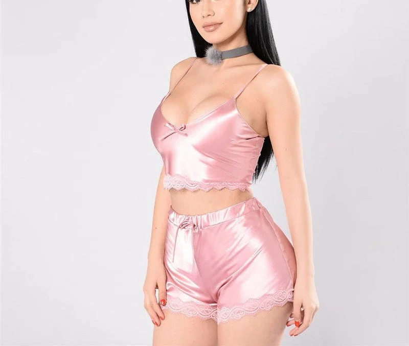 Silky Lace Crop Top Camisole and Shorts Pajamas Set Summer Crop Top Casual Short Sleeve Silky Lace Crop Top Camisole and Shorts Pajamas Set Summer Crop Top Casual Short Sleeve