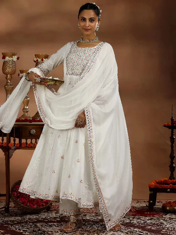 White Embroidered Cotton A-Line Kurta With Trousers & Dupatta Trousers Essential Wardrobe