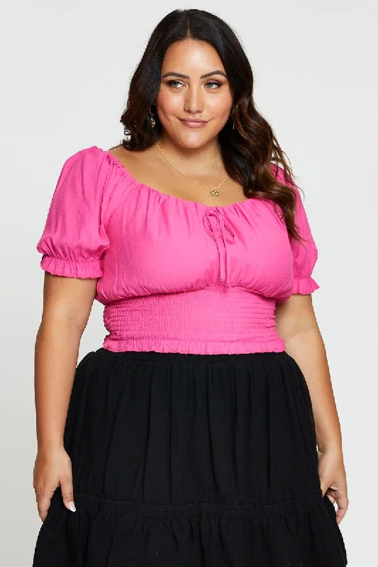 Pink Crop Top Short Sleeve Shirred Elasticated Padded Insulated