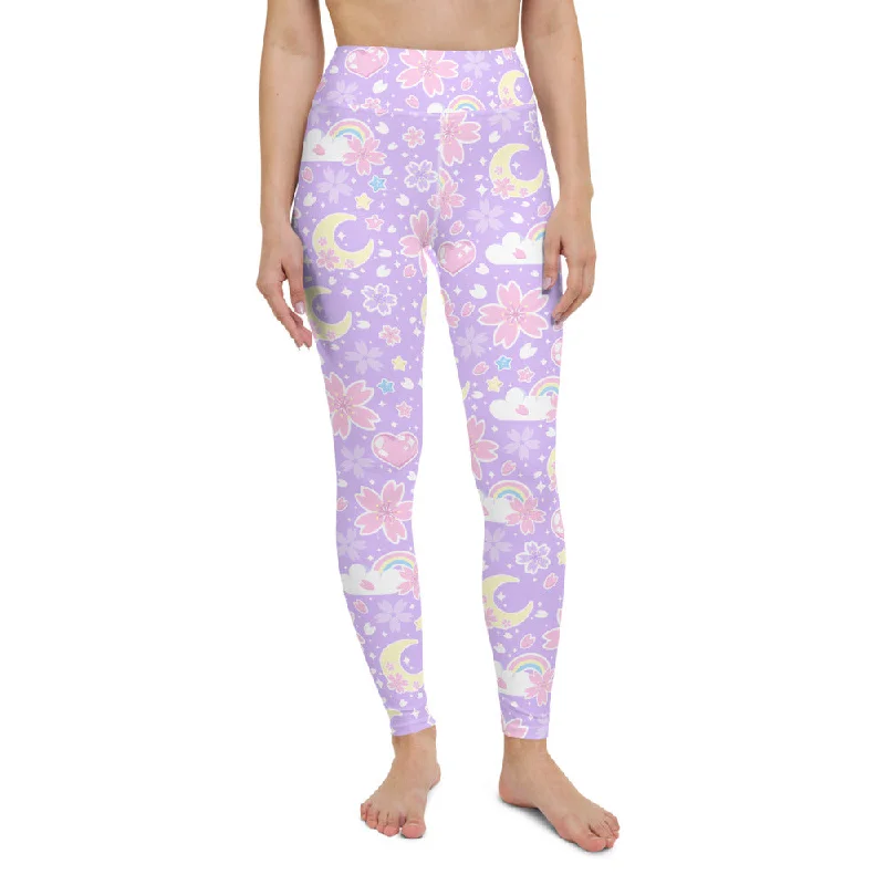 Cherry Blossom Dreams Purple Yoga Leggings Elegant Black Leggings