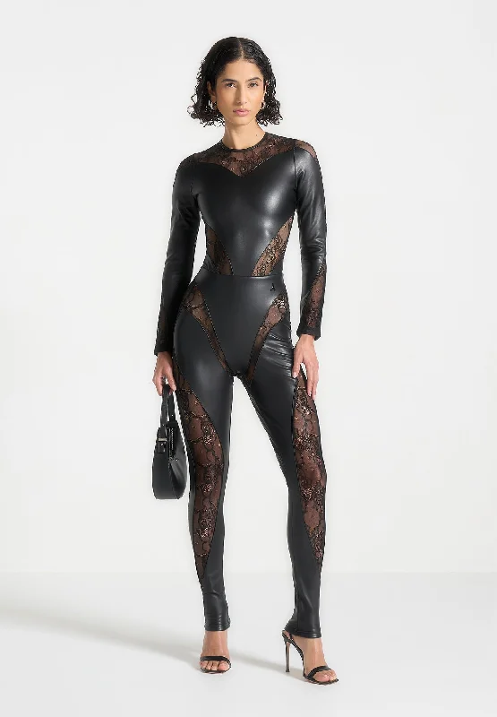 Leather and Lace Contour Leggings - Black Stylish Compression Fit Leggings