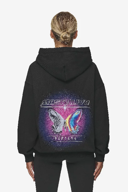 Nena Oversized Hoodie Washed Black Hoodie with Hem Applique Textured Unique