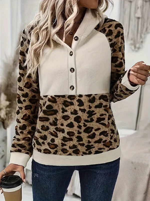 Hazel Blues® | Leopard Half Button Long Sleeve Hoodie Hoodie with Hem Embroidery Detailed Premium Hazel Blues® | Leopard Half Button Long Sleeve Hoodie Hoodie with Hem Embroidery Detailed Premium