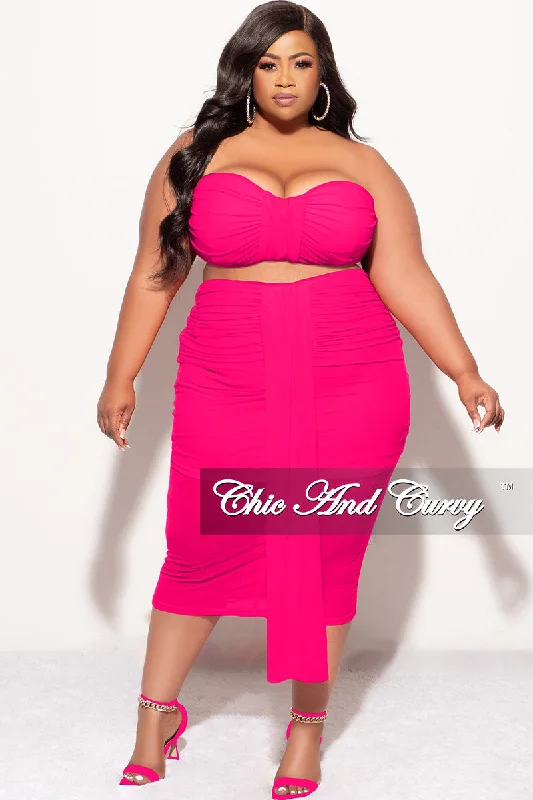 Final Sale Plus Size Sheer 2pc Strapless Crop Top and Skirt Set in Fuchsia Nylon Fabric Polyester Fabric Spandex Fabric Final Sale Plus Size Sheer 2pc Strapless Crop Top and Skirt Set in Fuchsia Nylon Fabric Polyester Fabric Spandex Fabric