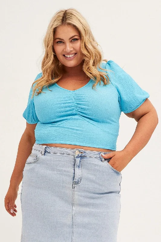 Blue Crop Top Short Sleeve Handmade Hand-knitted Hand-woven