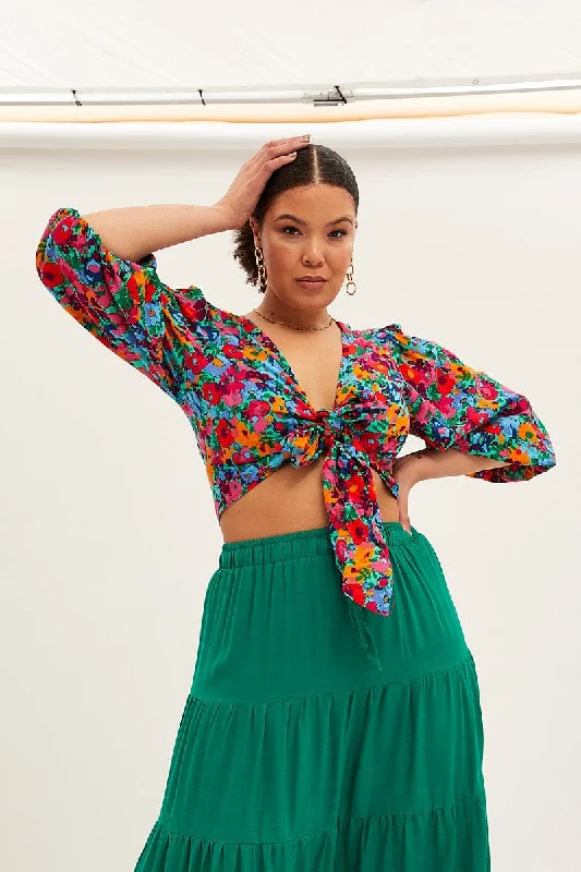 Red Floral Crop Top Short Sleeve Tie Front Elasticated Padded Insulated