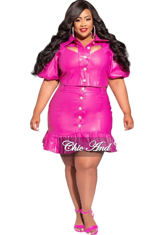 Final Sale Plus Size 2pc Collar Puffy Crown Sleeve Crop Top with Cutouts and Ruffle Skirt Set in Pink Vegan Leather Silk Blend Satin Velvet Final Sale Plus Size 2pc Collar Puffy Crown Sleeve Crop Top with Cutouts and Ruffle Skirt Set in Pink Vegan Leather Silk Blend Satin Velvet
