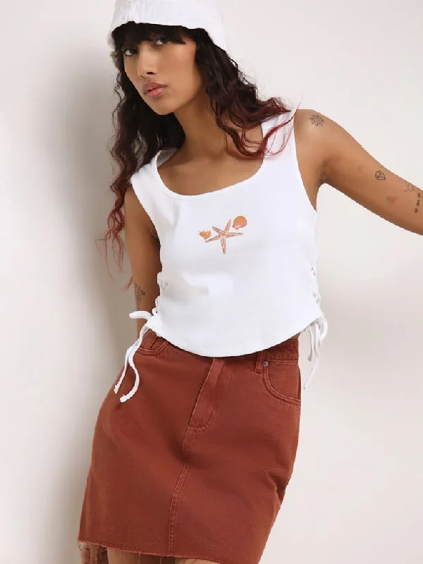 Nuon White Side Cotton Blend Tie Up Crop Top Houndstooth Herringbone Solid