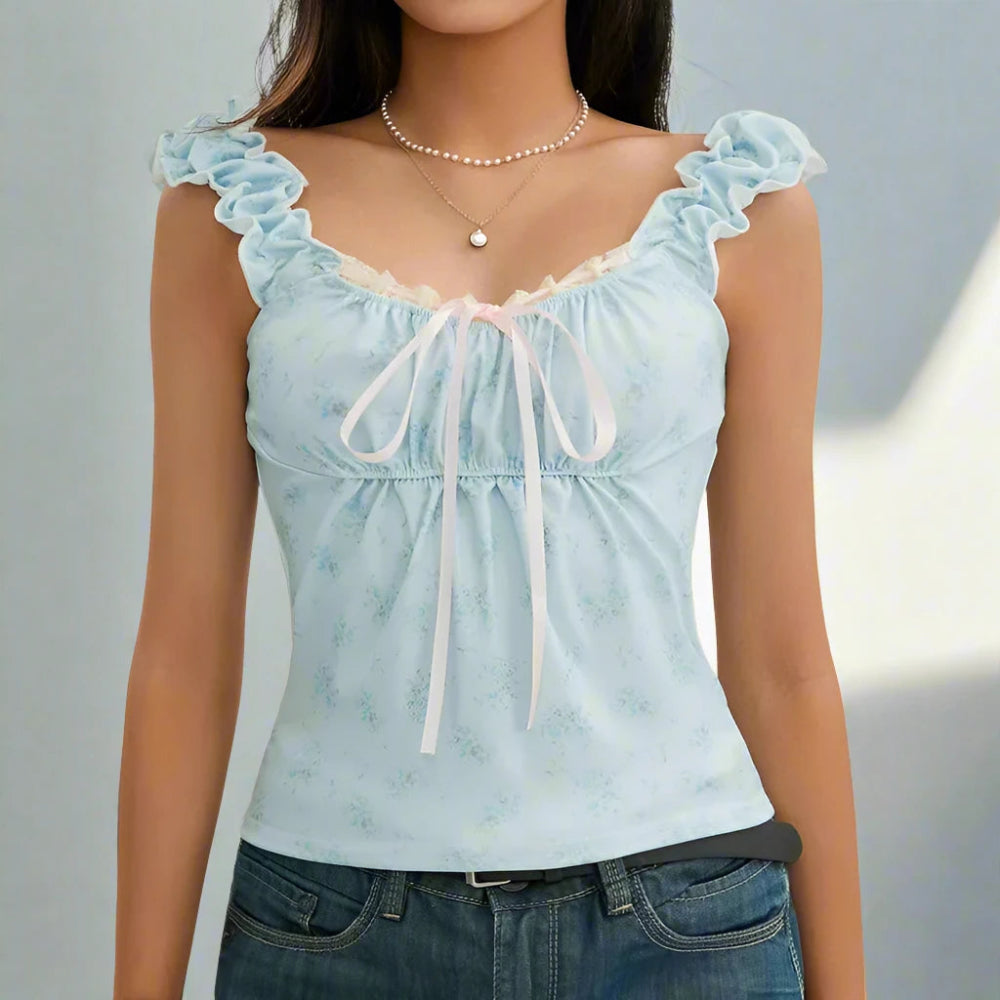 Pastel Floral Coquette Style Crop Top Collared Crew Neck Turtle Neck
