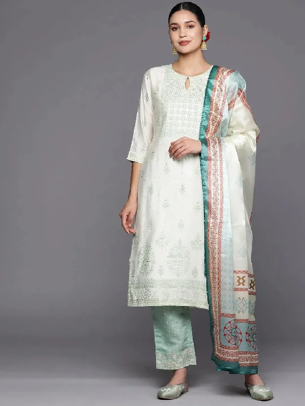 Cream Printed Chanderi Silk Straight Kurta With Trousers & Dupatta Trousers Summer Linen