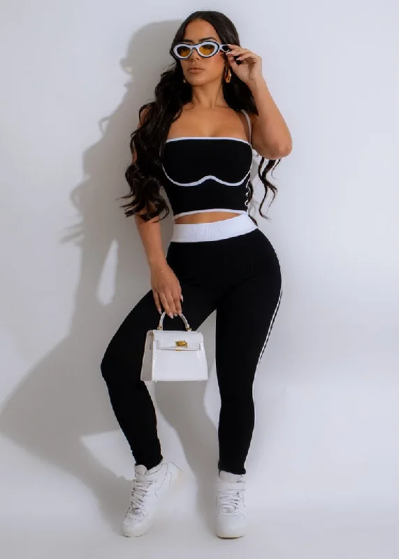 On The Go Ribbed Legging Set Black Fashionable Solid Color Tights
