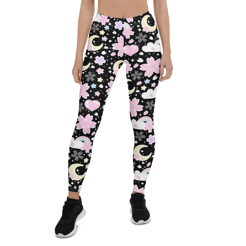 Cherry Blossom Dreams Black Leggings Elegant Velvet Leggings