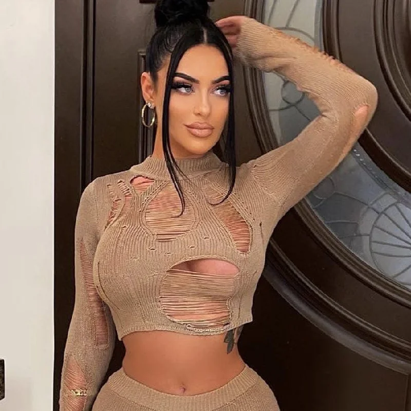 Kliou W22L23015 hollow out women clothing for fall fashionable knit mesh crop top sexy plain women's tops Cozy Warm Stylish Kliou W22L23015 hollow out women clothing for fall fashionable knit mesh crop top sexy plain women's tops Cozy Warm Stylish