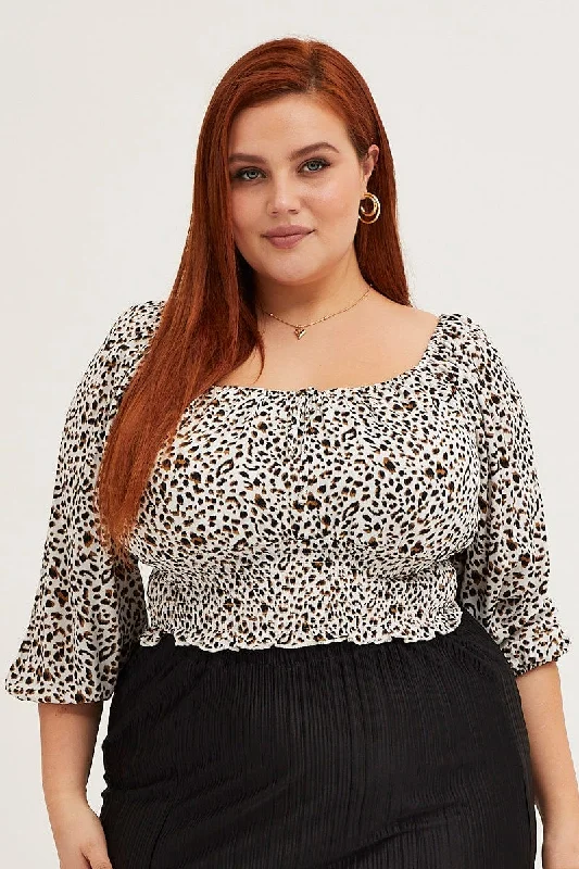Animal Print 3/4 Sleeve Shirred Crop Top Cozy Warm Stylish