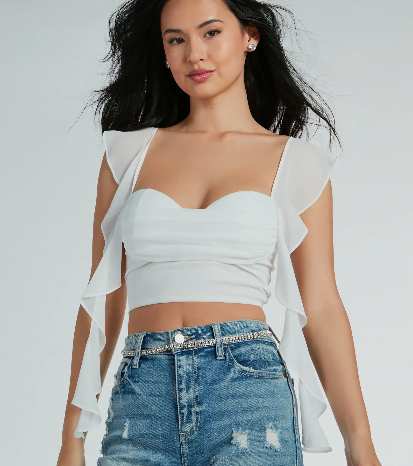 Sweetest Look Ruched And Ruffled Chiffon Crop Top Lace Blend Ribbed Blend Corduroy Blend Sweetest Look Ruched And Ruffled Chiffon Crop Top Lace Blend Ribbed Blend Corduroy Blend