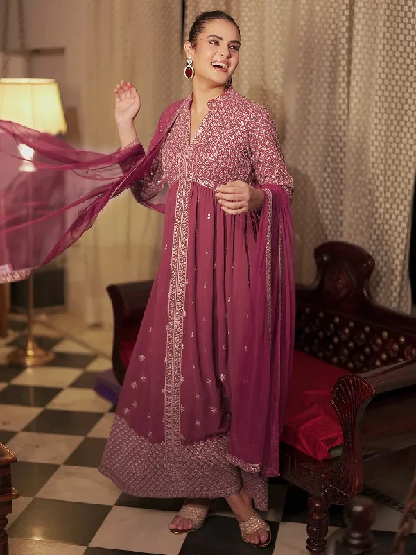 Libas Art Chandni Mauve Embroidered Georgette A-Line Kurta With Trousers & Dupatta Trousers Recommended Stylist