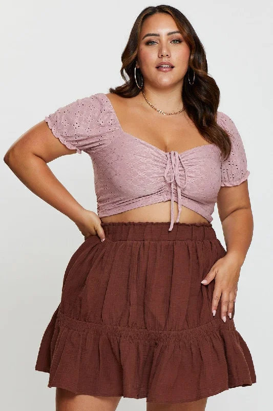 Brown Crop Top Broderie Lace Puff Sleeve Drawstring Faux Fur Fabric Real Fur Fabric Shearling Fabric Brown Crop Top Broderie Lace Puff Sleeve Drawstring Faux Fur Fabric Real Fur Fabric Shearling Fabric
