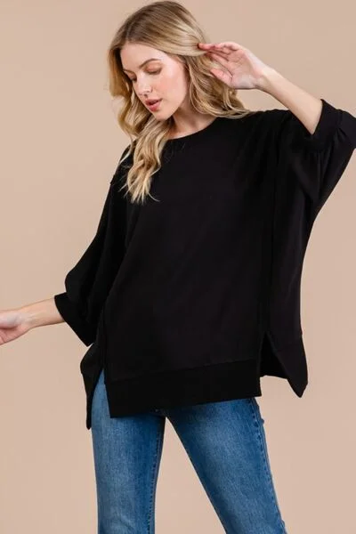 Hazel Blues® |  Ces Femme Side Slit Drop Shoulder Puff Sleeve Sweatshirt Hoodie with Hem Detail Decorative Unique