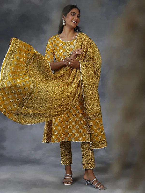 Mustard Printed Cotton A-Line Kurta With Trousers & Dupatta Trousers Satin Smooth