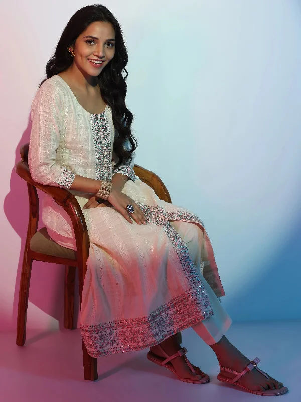 Off White Woven Design Cotton A-Line Kurta With Trousers Trousers Elastic Waist Soft Off White Woven Design Cotton A-Line Kurta With Trousers Trousers Elastic Waist Soft