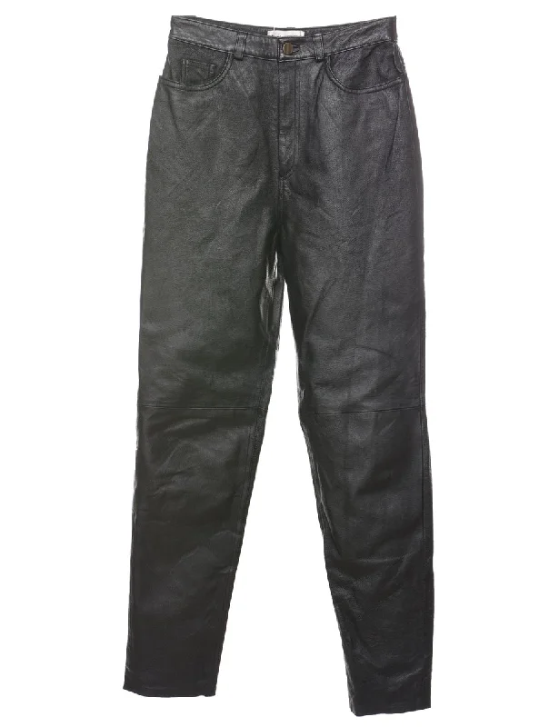 Black High Waist Black Leather Trousers - W26 L30 Trousers Brand Named