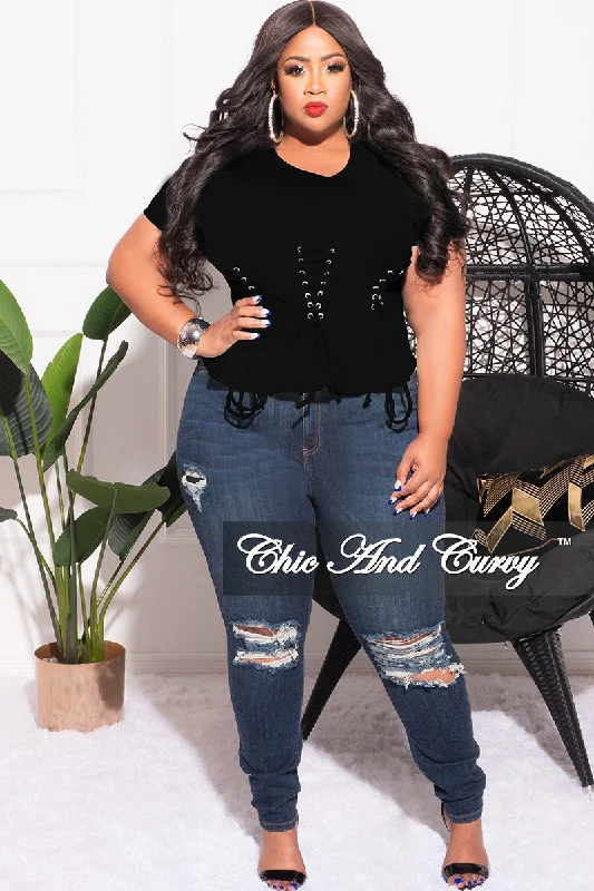 Final Sale Plus Size Lace Up Crop Top in Black Collared Crew Neck Turtle Neck