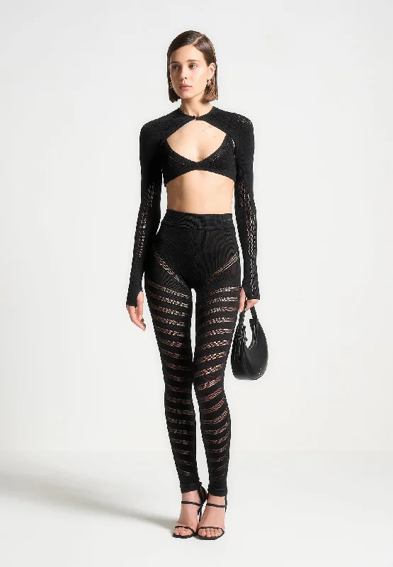 High Waisted Knitted Spiral Contour Leggings - Black Trendy Sweat-Wicking Workout Leggings