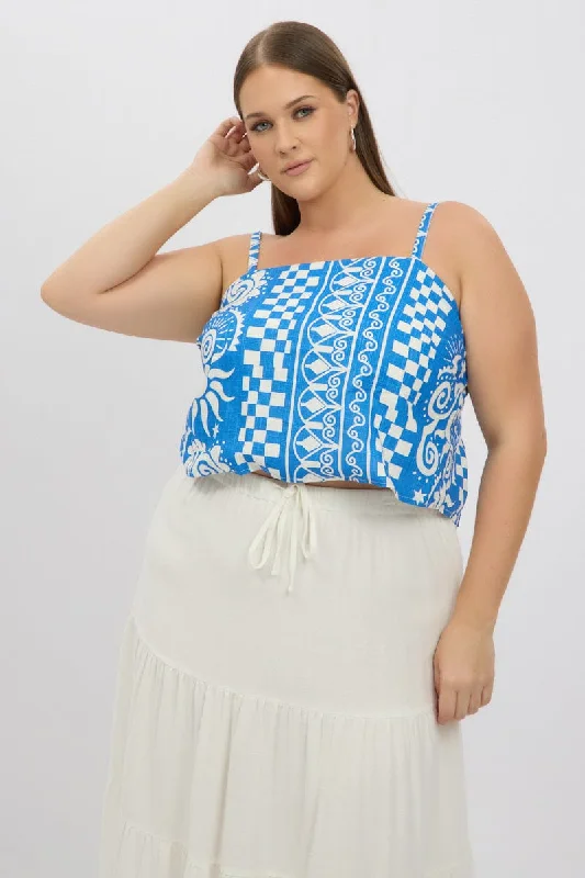 Blue Abstract Cami Crop Top Linen Blend Striped Floral Plaid