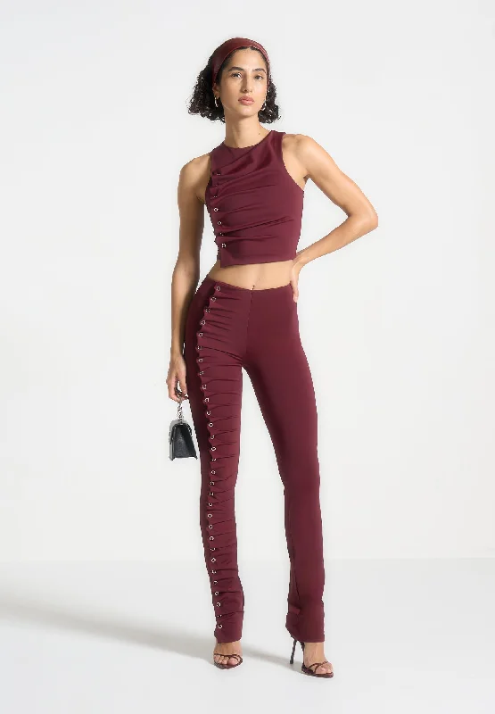 Eyelet Detail Tacked Leggings - Wine Red Stylish Everyday Leggings
